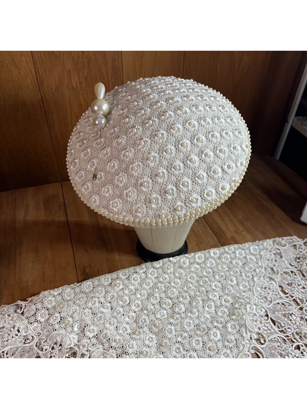 Woman’s Elegant Exquisite Hat White Lace With Pearl Beads